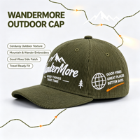 Casquette en velours côtelé vert olive avec broderie 3D montagne, patch structuré, réglable, pour homme et femme, idéale pour la randonnée et les voyages
