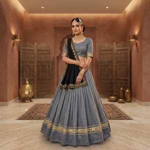 Grey Traditional <b>Lehenga</b> Choli for <b>Women</b> with Heavily Embroidered Black Dupatta Set for Indian Weddings and Festivals - Product Image 3