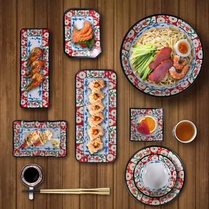 Piring panggang melamin nampan datar Hotel kantin Sushi hidangan penutup persegi panjang piring merah Set perlengkapan makan pemasok grosir mangkuk sup