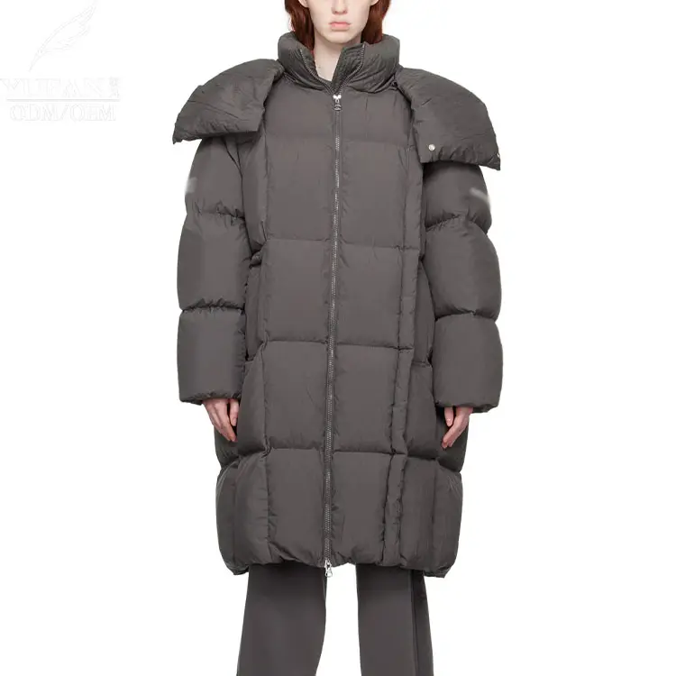 Chaqueta acolchada gris personalizada YuFan, abrigo de tafetán de poliéster arrugado acolchado con relleno de plumón, chaqueta de invierno impermeable larga