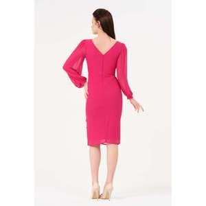 1618 Vestido de noche con cuello en V, de gasa, con lazo y cintura natural, color rojo - Product Image 6