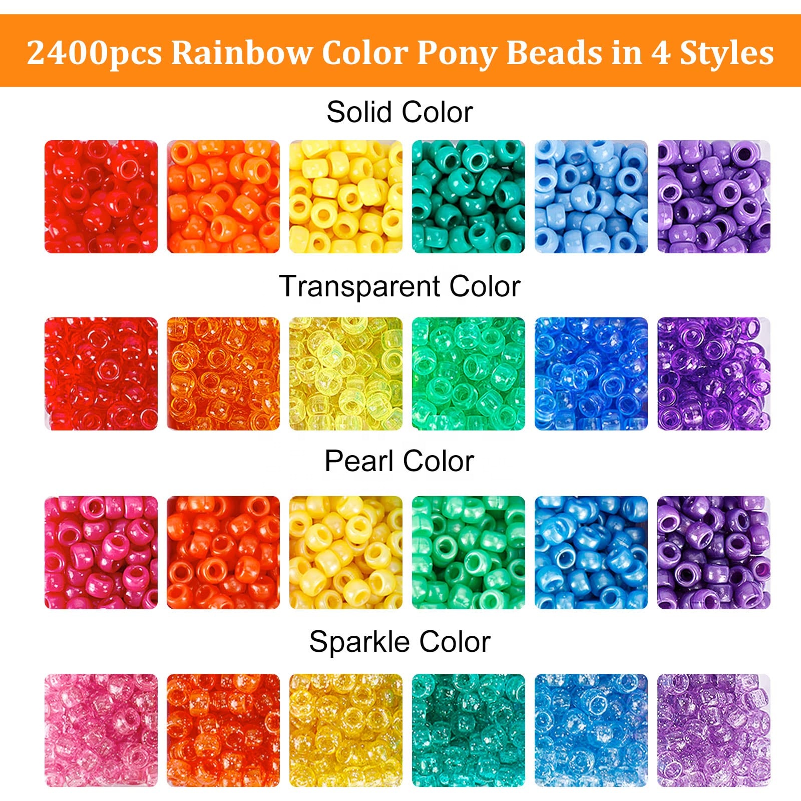1000 stuks 6 x 9 mm ponykralen bulk - zwarte, grijze, witte Kandi