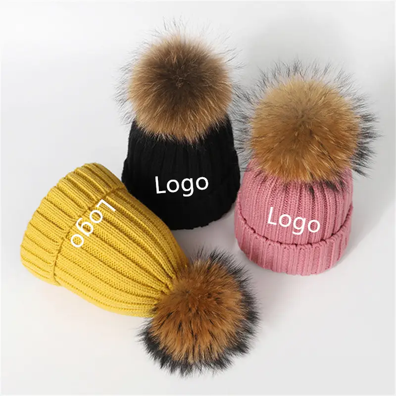 Grosir Mewah Tebal Tenunan Tahan Angin Bulu Palsu Pom Pom Beanie Kustom Di Topi Musim Dingin