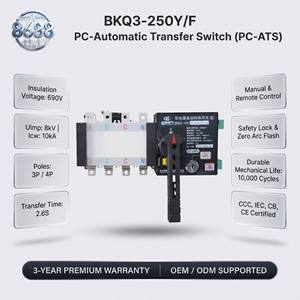 Commutateur de transfert automatique monophasé 3/4 pôles 8kA de classe PC pour la lutte contre les incendies et les hôpitaux BKQ3-250Y/<span class=keywords><strong>F</strong></span> - Product Image 1