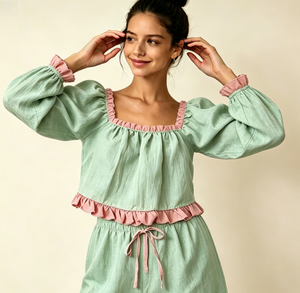 Cute Spring Autumn Young Women's Linen Ruffled <strong>Crop</strong> Tops Pants Pajamas Breathable Mint Green Elastic Cotton <strong>Pyjamas</strong> for Woman - Product Image 2