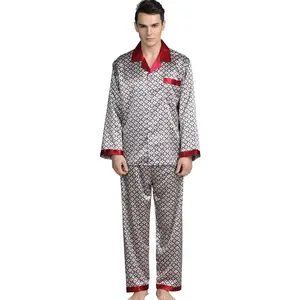 Pijamas de seda luxuosos de cetim, atacado, manga comprida, conjuntos de pijamas masculinos, tamanho grande