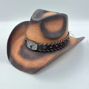 100% Palha Tecelagem Bordado Western Hat Cowboy para Homens Mulheres Cowgirl Jazz Cap Summer Beach Sun Hat Sombrero Hombre