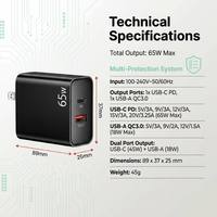 Chargeur mural double port 65W personnalisé avec logo OEM, PD Type-C QC USB-A, bloc de charge rapide PD65W QC18W, prise US, chargeur pour ordinateur portable et téléphone
