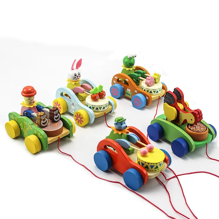 Детская Красочная картина, экологически чистая игрушка для раннего развития, Мультяшные животные, Натуральный Деревянный барабанный автомобиль