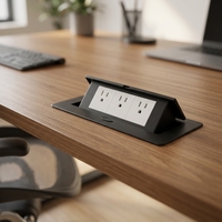 Prise de bureau industrielle escamotable T266, 3 broches US, en aluminium noir, style ouvert, avec 5 ports