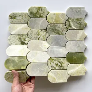 Kego ubin marmer mosaik Foshan Marmo, batu alam hijau dan putih, ubin marmer mosaik