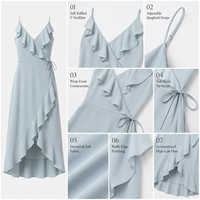 Robe midi en mousseline bleu poudré personnalisée pour femme, col en V, à volants, style portefeuille, pour demoiselle d'honneur, invitée de mariage, cocktail, fournisseur en gros