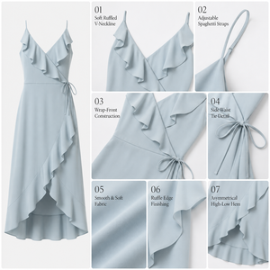 Robe midi en mousseline bleu poudré personnalisée pour <span class=keywords><strong>femme</strong></span>, col en V, à volants, style portefeuille, pour demoiselle d'honneur, invitée de mariage, cocktail, fournisseur en gros - Product Image 3