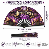 Éventail pliant promotionnel Hocus Pocus 33 cm en bambou et plastique imprimé, pour célébrations d'Halloween, éventail de luxe