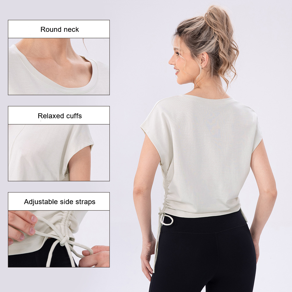 Sports Gym Workout Yoga Tops 80% Cotton 20% Nylon Fitness Active Wear Women Yoga Round Neck T Shirt With Side Drawstring