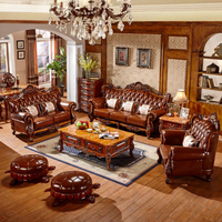 Canapé de salon classique élégant en bois massif sculpté et en cuir pour salon