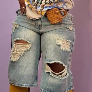 Nuevos shorts vaqueros de mujer de cintura alta, holgados, estilo retro, con agujeros, de pierna ancha y corte recto, a la moda. - Product Image 4