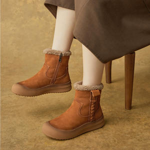 Botas Chukka para Mujer, con Cordones en el Tobillo, de Cuero Genuino, Forro de Felpa, Plataforma Corta, Botas de Nieve, Estilo Retro, para Todas las Temporadas - Product Image 1