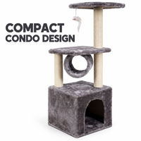Arbre à chat compact gris avec niche fermée, poteaux en sisal et anneau suspendu