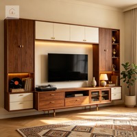 Mueble de TV Oriental Contemporáneo XINGRUO, Diseño Personalizado, Panel Artístico Integrado con Acabado en Nogal Natural, Consola Multimedia a Medida
