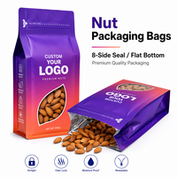 Sachet à fond plat avec fenêtre, scellé sur 8 côtés, pochette type boîte 200g, imprimé personnalisé, refermable, résistant à l'humidité, pour noix et aliments pour animaux de compagnie