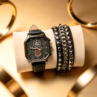 Ensemble de montres à quartz carrées pour hommes, bracelet en cuir, montre-bracelet avec bracelets, cadeau de luxe pour hommes