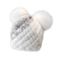 Damen Wollmischung Handbestickte Gestrickte Mütze mit Nerz- & Fuchsfell-Bommel für Reisen und als Geschenk