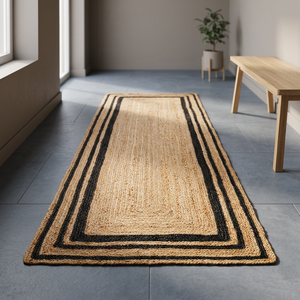 Modern Striped <b>Jute</b> <b>Rug</b> Rectangle Non-Slip Flat Pile Door Mat Natural Black Border Braided Organic Material - Product Image 2