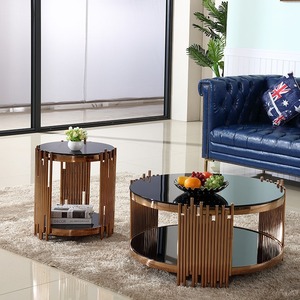 Mesa de Centro Personalizable de Acero Inoxidable de Lujo Moderno con Acabado Dorado y Tapa de Vidrio, Diferentes Tamaños para Sala de Estar, Muebles para el Hogar - Product Image 1