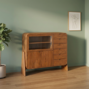 Buffet en bois massif de style mid-century modern avec portes vitrées et tiroirs, meuble de rangement pour salon - Product Image 4