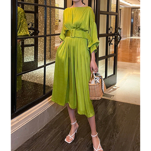 Diseño personalizado <span class=keywords><strong>verde</strong></span> elegante <span class=keywords><strong>linterna</strong></span> manga encaje plisado Midi vestidos para las mujeres - Product Image 6