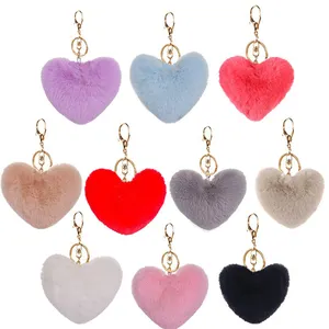 10cm Fluffy Heart Shaped Fake Rex Rabbit Fur ear Pompom Keychain bulk puff Ball Mini furry keychain Pom Pom fur ball keychains