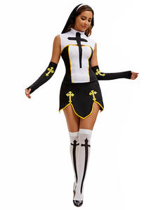 Costume d'Halloween sexy gothique noir et blanc de religieuse, uniforme de cosplay pour adulte, inspiré de la télévision et du cinéma - Product Image 4