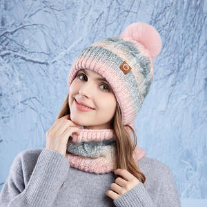Wholesale Winter Thick <strong>Fleece</strong> <strong>Lined</strong> Knit <strong>Bobble</strong> <strong>Hat</strong> and Neck Warmer Scarf Set for Women - Product Image 4