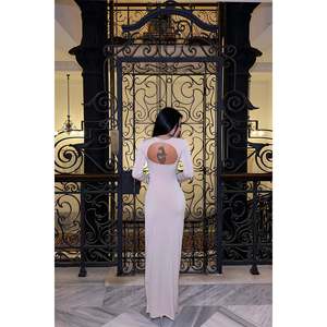 Robe de soirée longue beige coupe trapèze avec détail au dos, style simple, en tissu polyester, taille empire, taille XL, pour mariage - Product Image 1