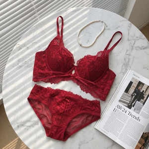 Conjunto de lencería sexy de encaje rojo con aros y push-up, copa 3/4, tirantes ajustables, tiro medio, lencería de mujer, tallas grandes, ropa interior femenina. - Product Image 6