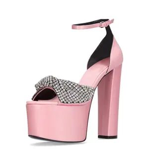 Sandal hak tebal simpul pita berlian wanita hak tinggi Chunky sepatu sutra musim panas wanita warna kustom ungu