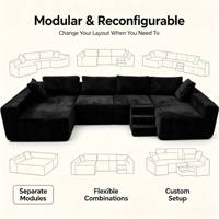 Canapé en U modulaire avec marches pour animaux, en velours côtelé noir, confortable, gain de place, emballé sous vide, promotion exceptionnelle