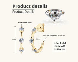 Boucles d'oreilles clous en forme de C en argent sterling 925 plaqué or, motif bambou, avec moissanite taille ronde 0,6 CT VVS GRA, bijoux de créateur - Product Image 6