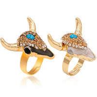 Cincin Kristal Kepala Sapi perhiasan Barat Totem ukiran hewan kristal kuarsa Resin biru berlian pesona tulang kepala sapi untuk pria wanita