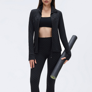 USA Oversea Warehouse High Quality Breathable Seamless Black Polka Dot Comfortable Durable Gold Zipper <b>Yoga</b> <b>Jacket</b> Set - Product Image 1