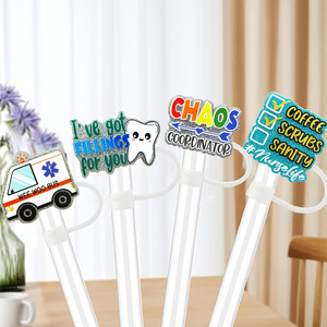 New hospital-style glitter straw <b>cap</b>, cross-border cartoon pattern <b>dust</b> <b>cap</b>, inspirational letter straw stopper, universal, in - Product Image 1