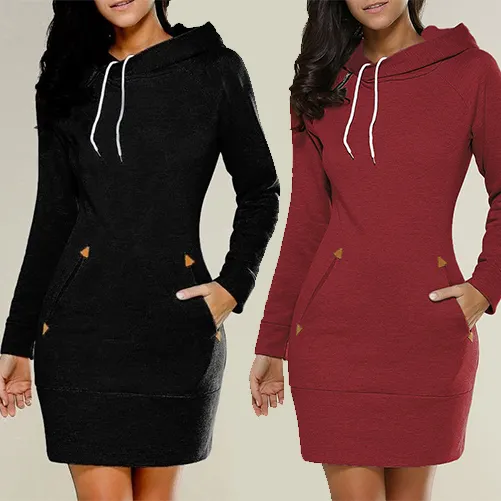 Hooded Ladies Dress Casual Long Sleeve Sweater Pullover Jumper Tops Plus Size S-5XL Women Hoodies