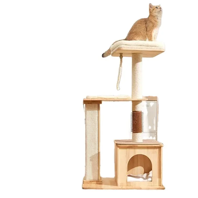 Büyük/küçük kediler için doğal katı ahşap kedi ağacı, doğal Sisal tırmalama sütunu ile kedi kulesi
