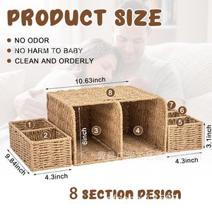 Cesta de mimbre para pañales, estante de almacenamiento con compartimentos para toallitas y biberones, organizador de escritorio rectangular - Product Image 4