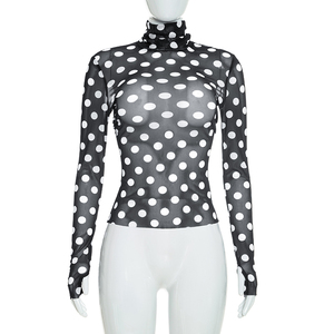 Viviblook D26ST247 Women Autumn <b>Set</b> Polka Dot Print Mesh High Neck Long Sleeved Top Cropped Pants Casual Two <b>Set</b> Pieces - Product Image 5