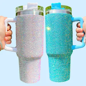 40oz full wrap bling diamond Bedazzled Resin Rhinestone Tumbler Hot Cold outdoor camping cup with Handle and Straw