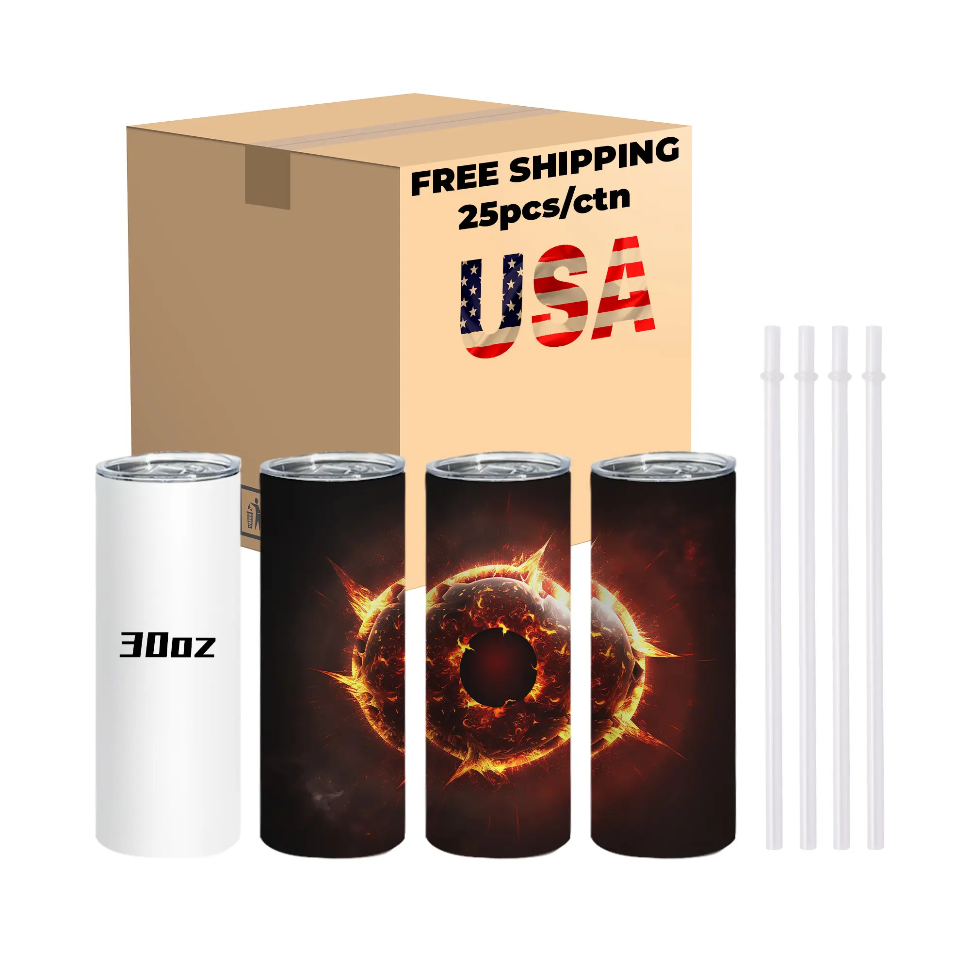 Wholesale USA Warehouse 15oz 20oz 30oz Vacuum Insulated Straight Skinny Sublimation Tumbler with Plastic Straw