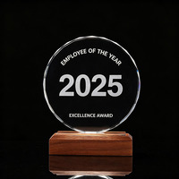 Trophée Rond en Cristal – Récompense en Verre de Cristal avec Socle en Bois, Facetté, Gravure de Logo Personnalisée pour Cérémonies, Sports et Affaires