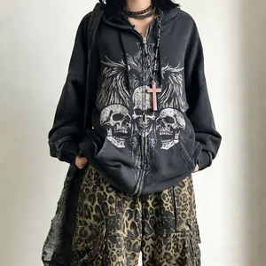 Groothandel op maat gemaakte dames Y2K gothic schedelprint zip-up hoodies gewassen streetstyle vintage distressed zware kwaliteit 100% katoen - Product Image 1
